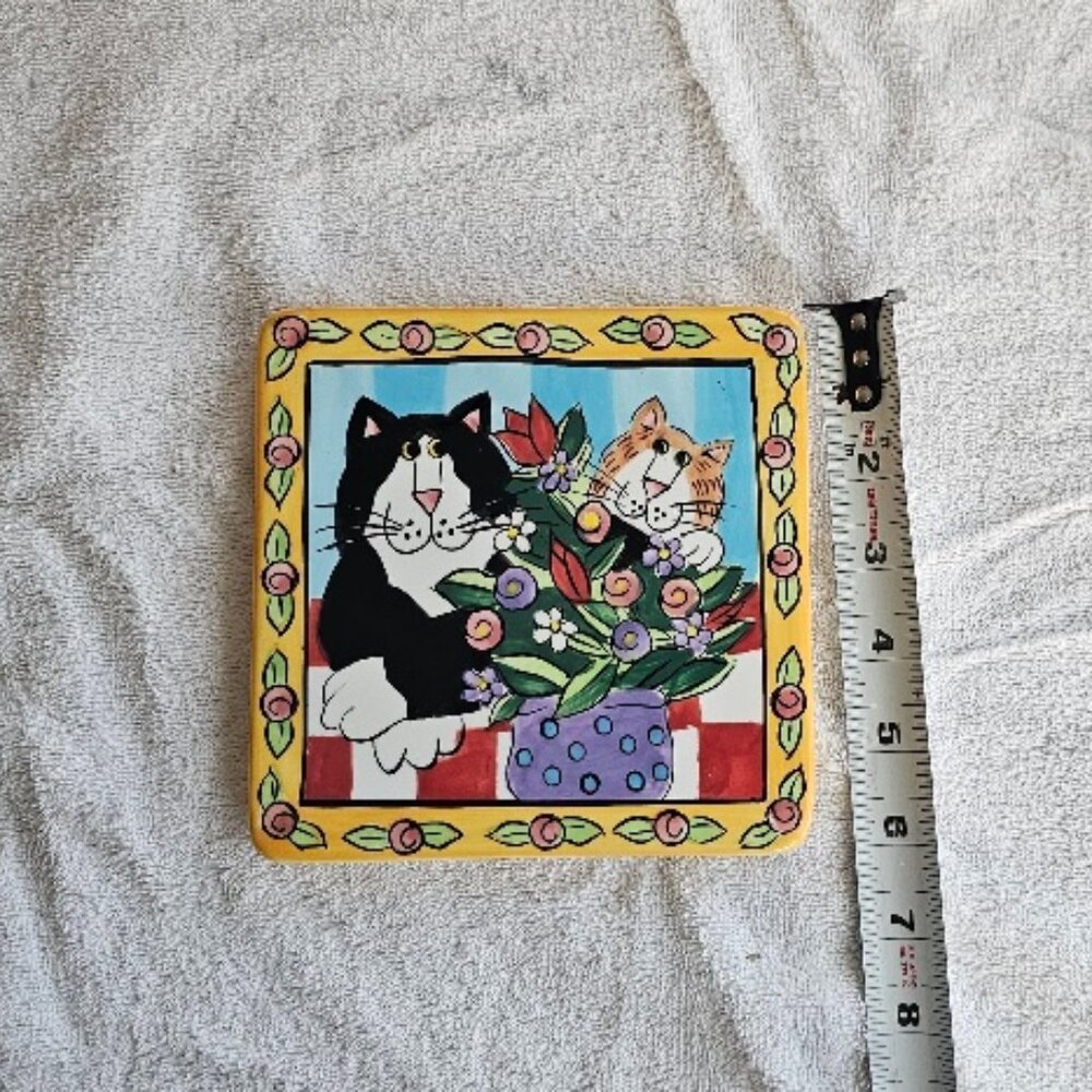 Catzilla Whimsical Ceramic Tile Square Trivet Candace Reiter EUC